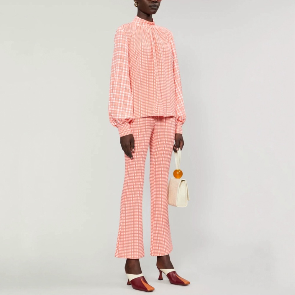 STINE GOYA Orange White plaid gingham print high waist flare Pants - Picture 5 of 16